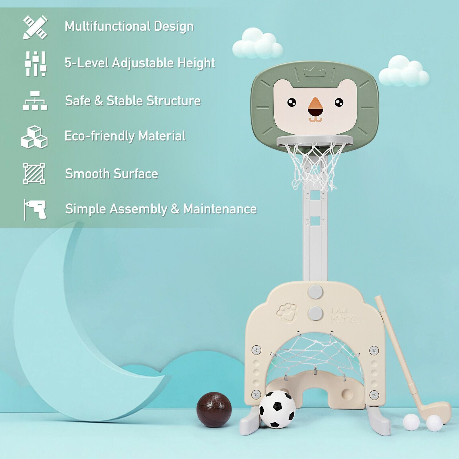 3-In-1 Basketball Hoop Set Stand with 5 Adjustable Height Levels