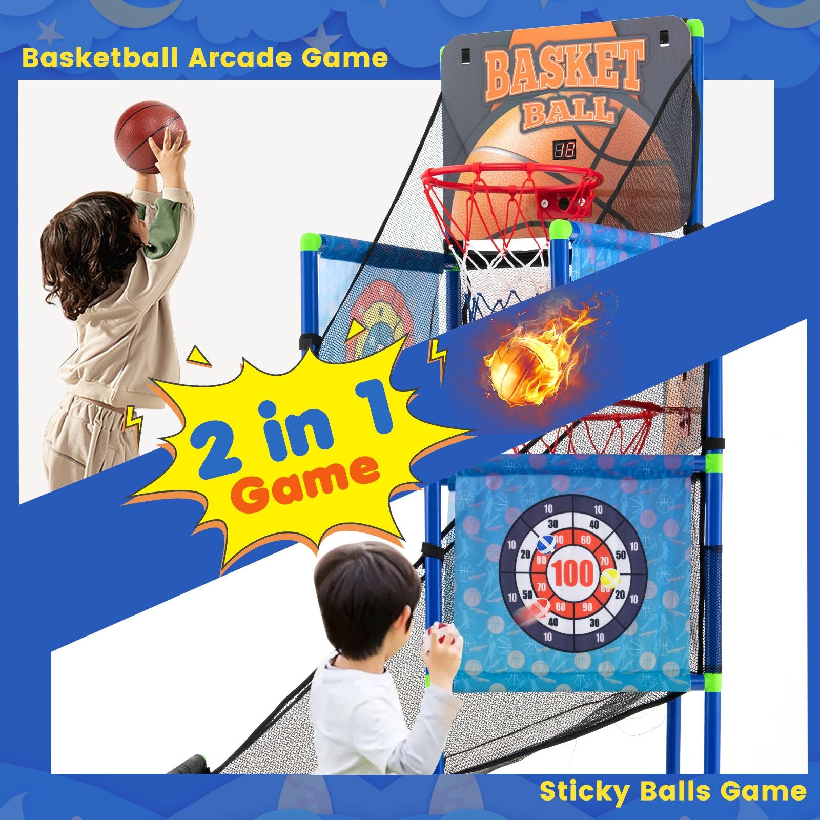 2-In-1 Kids Basketball Arcade Game with Electronic Scoreboard